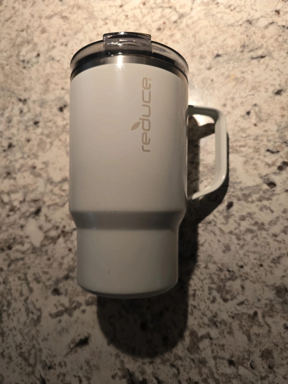 Reduce White Insulated Travel Mug with Handle